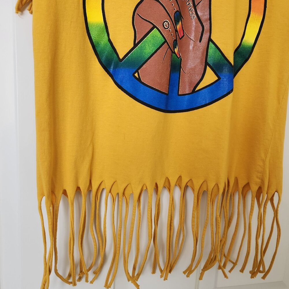Hippie Girl Fringe Peace Sign Rainbow Graphic T-Shirt Yellow Boho Festival Cute - Picture 4 of 7